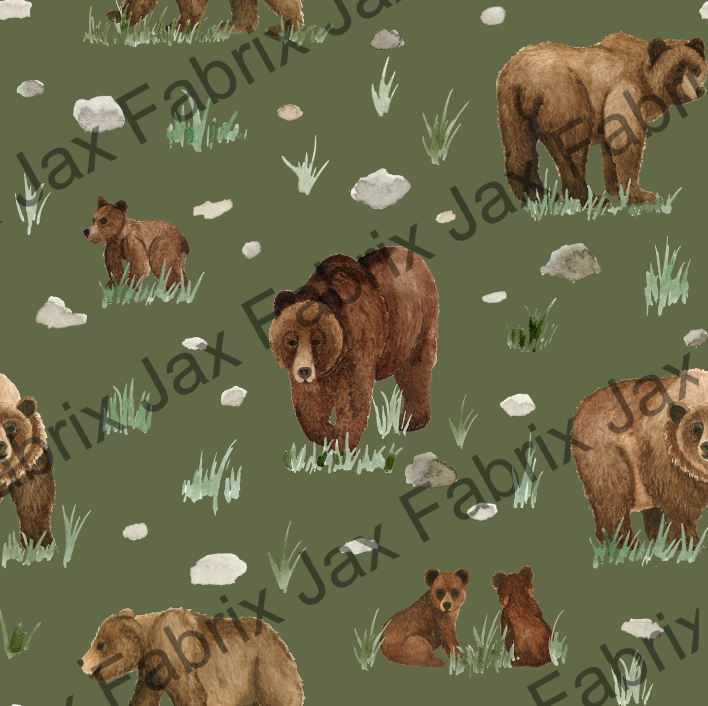 Watercolor Grizzly Bears Army Green SAMD253