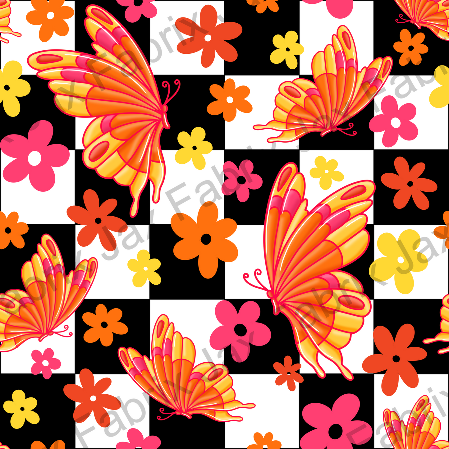 Groovy Flowers and Butterfly Black Check ZR139