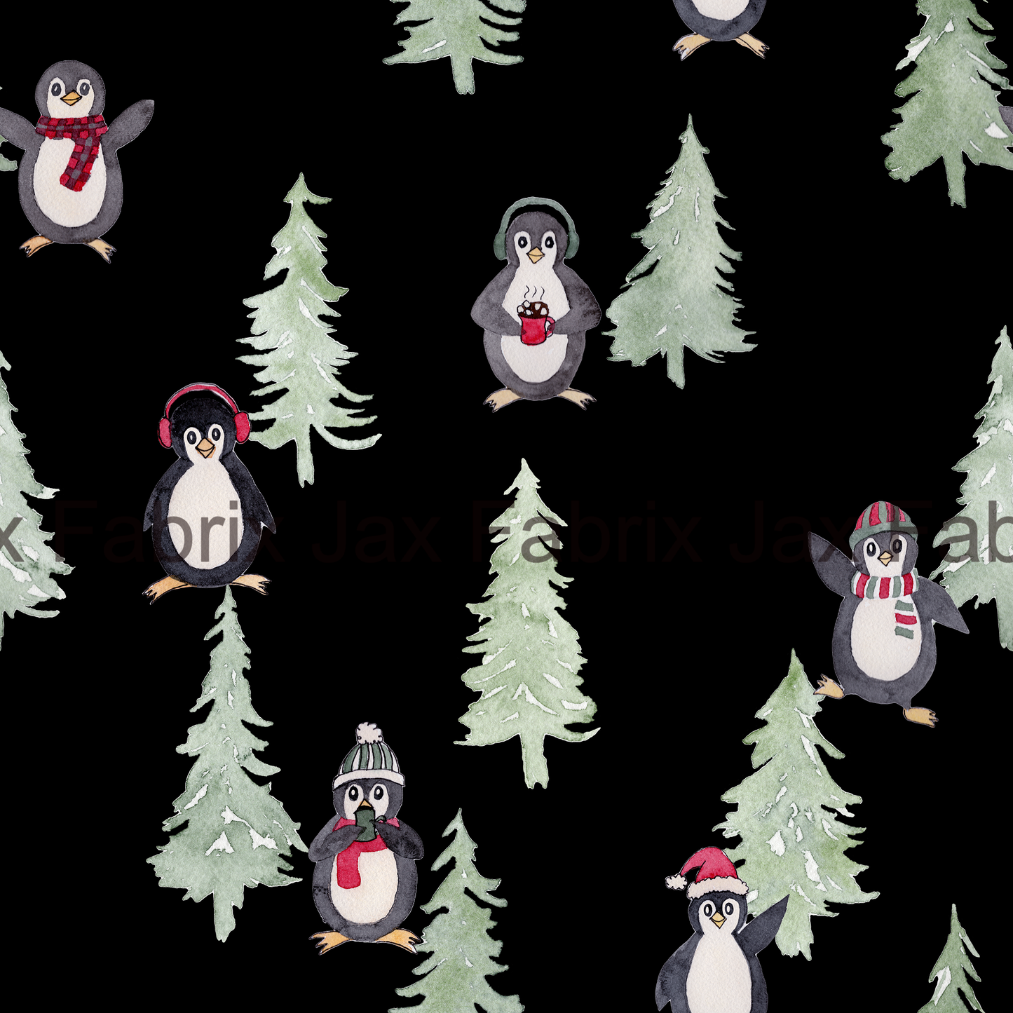 Deck The Halls Penguin and Pine Trees Black AMD34
